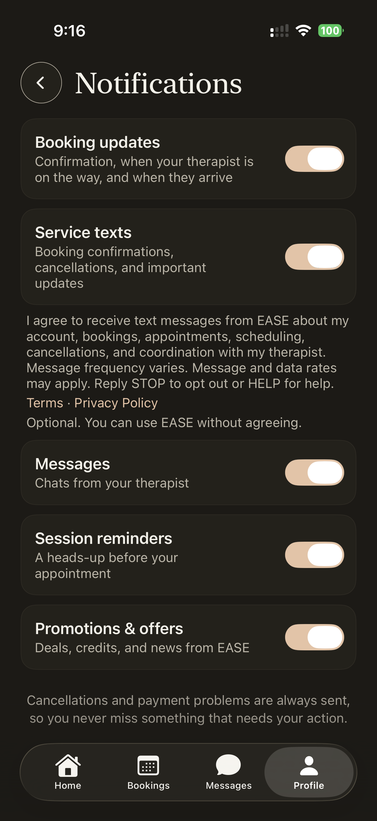 EASE customer app Notifications screen with the Service texts toggle and the same disclosure text