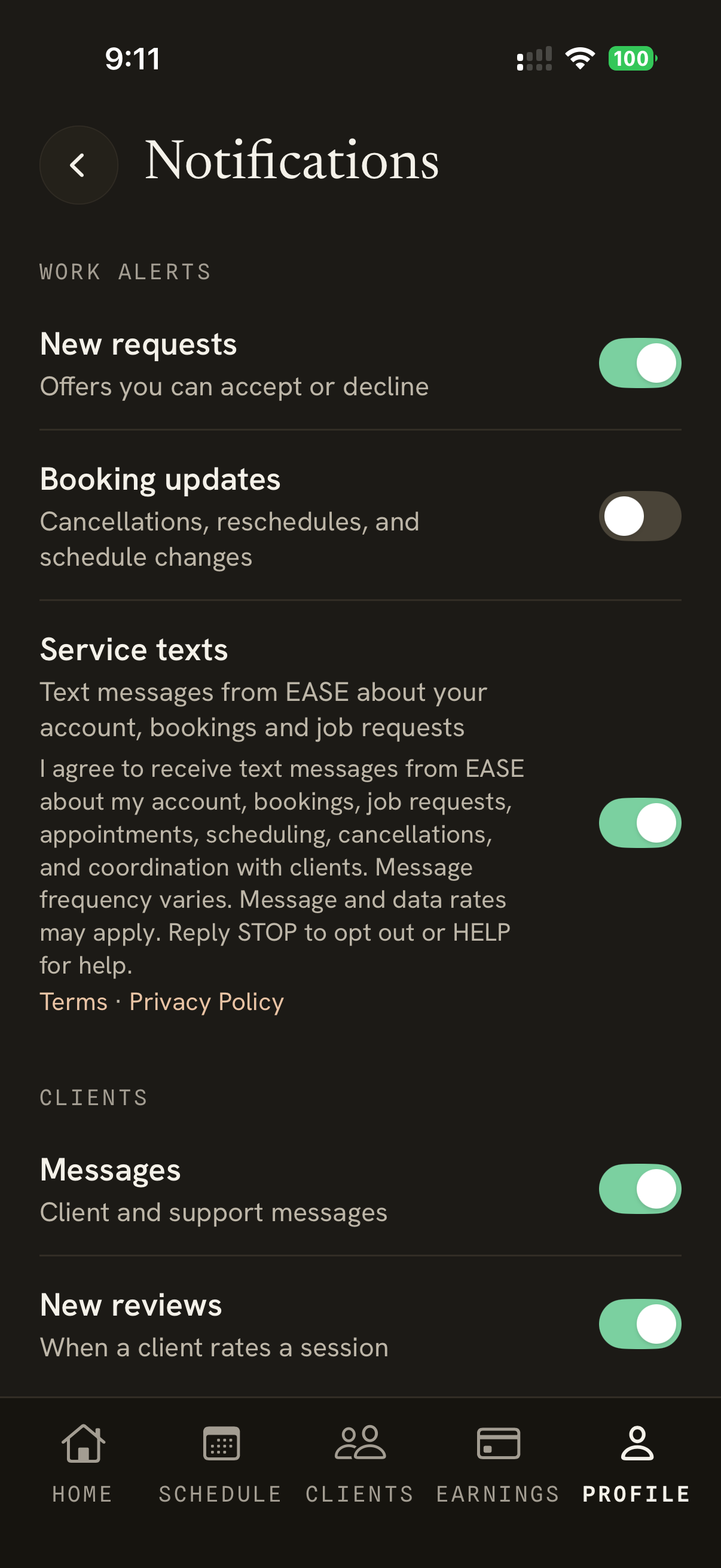 EASE Provider app Notifications screen with the Service texts toggle and the same disclosure text